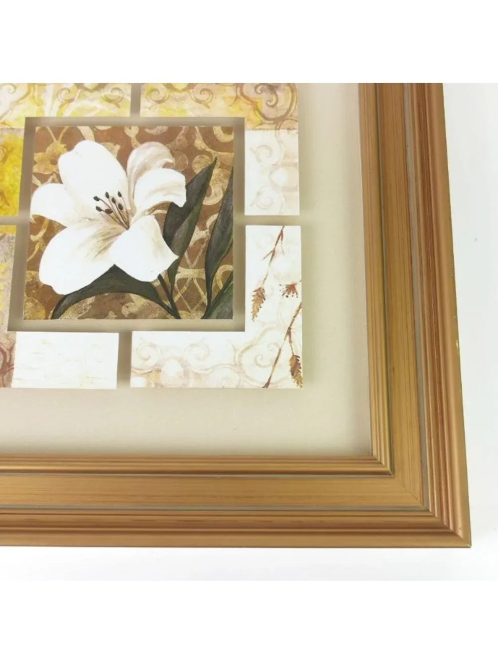 Vintage White Lily Floral Wall Art Collage Print Gold Color Frame 16” Square